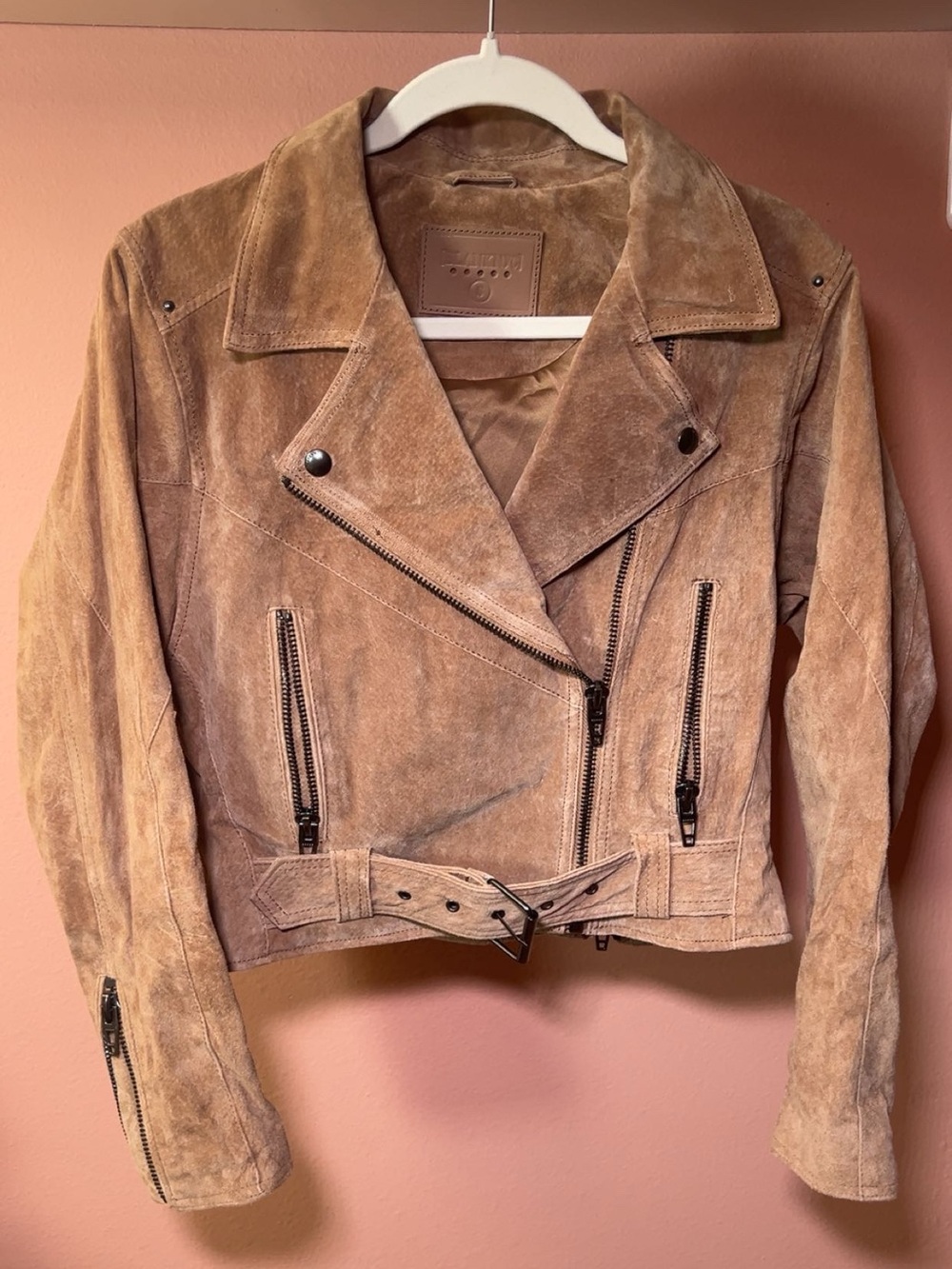BLANKNYC Genuine Suede Leather Moto Jacket Tan Brown Size S